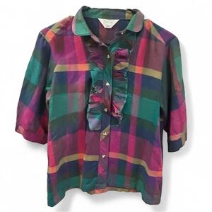 💕 Vintage Button-Down Ruffled Plaid Blouse by Cheryl Tiegs